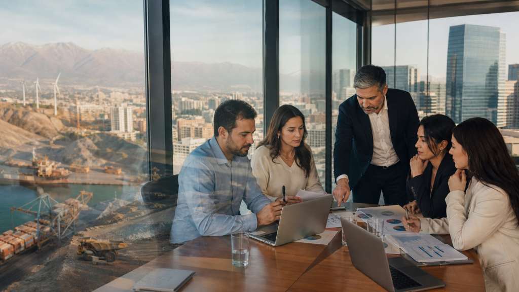 Profesionales chilenos revisando indicadores económicos en una oficina moderna