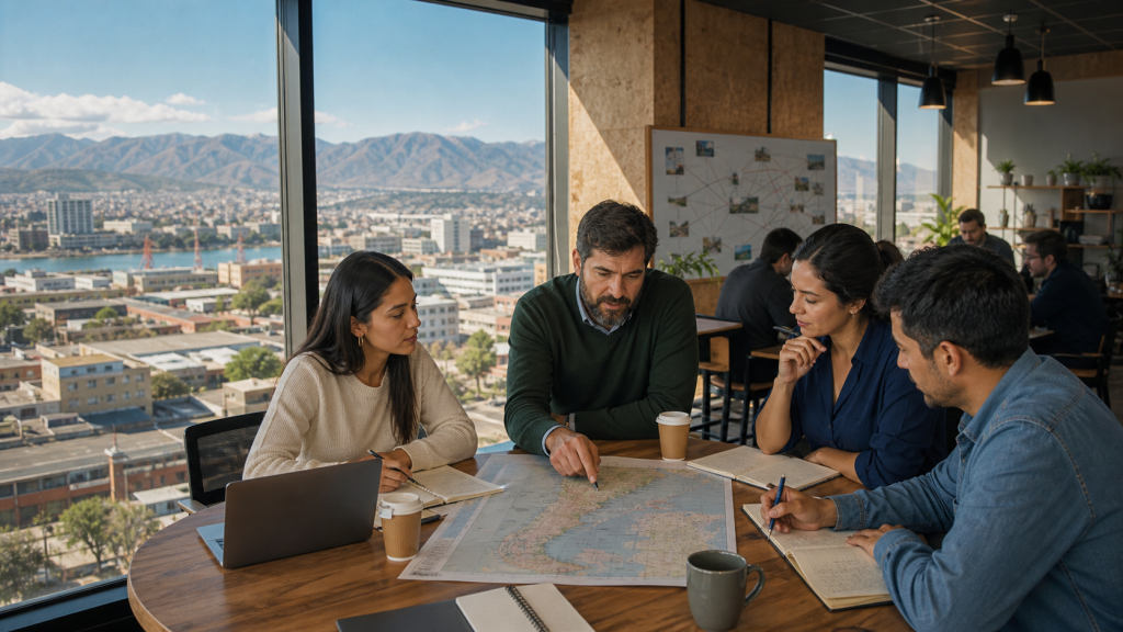 Emprendedores en un centro regional chileno revisando un mapa de desarrollo productivo