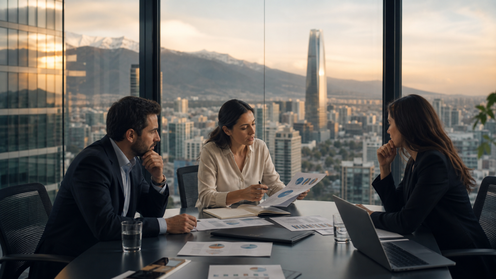 Fundadores e inversionistas revisando oportunidades y riesgos en una sala de reuniones en Santiago