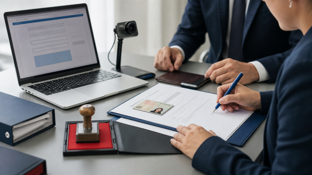 Emprendedor completando la formalización legal de una empresa con documentos y laptop