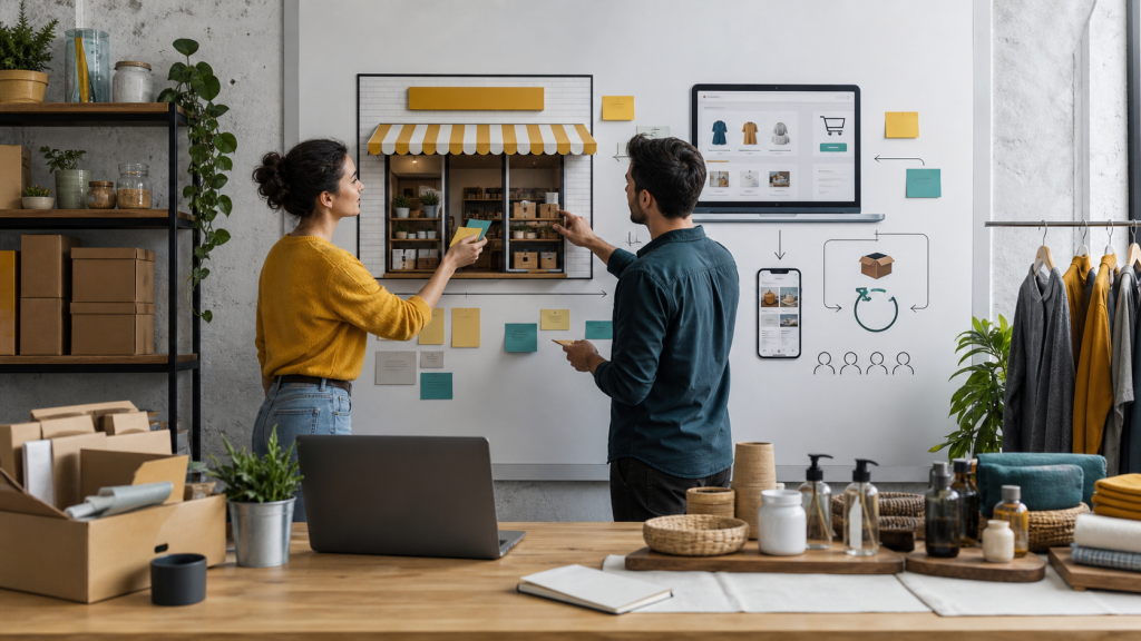 Emprendedor comparando modelos de negocio físicos y digitales en una oficina