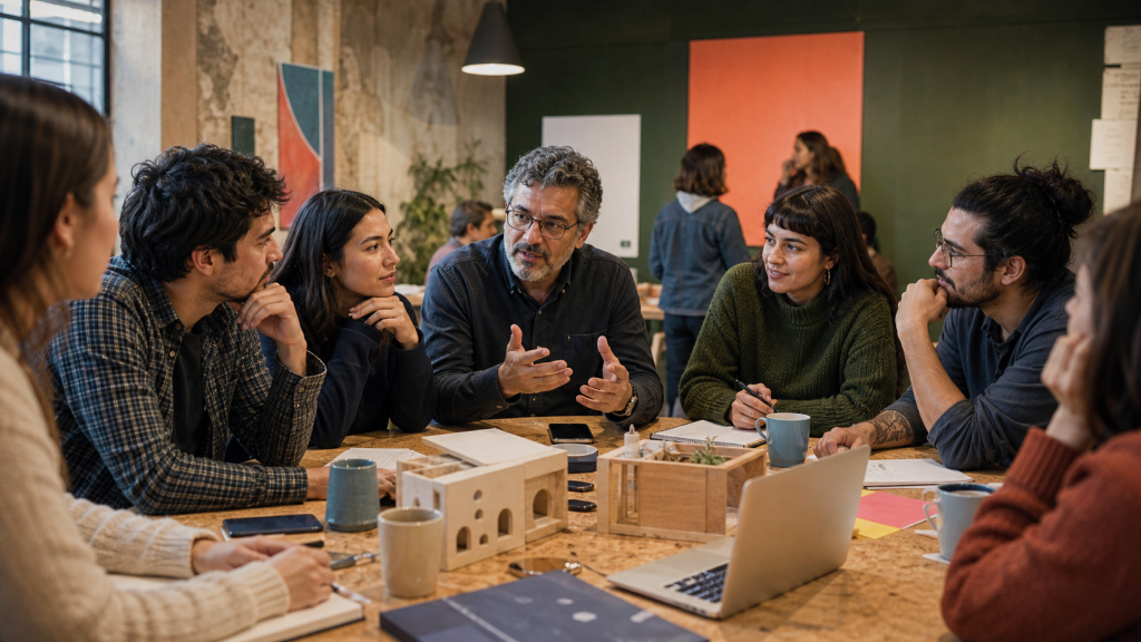 Comunidad de emprendedores chilenos trabajando con mentores en un taller colaborativo