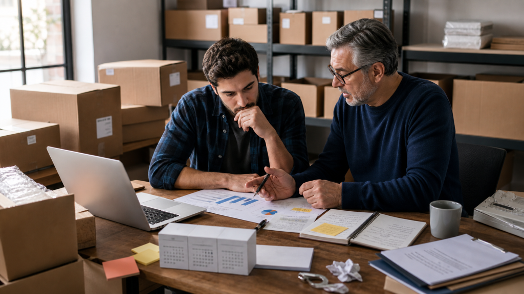 Fundador y mentor revisando errores de planificación, inventario y caja en una pyme