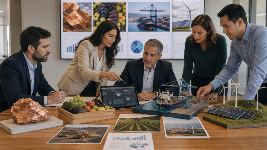 Analistas comparando sectores productivos chilenos mediante objetos de minería, agro, energía y software