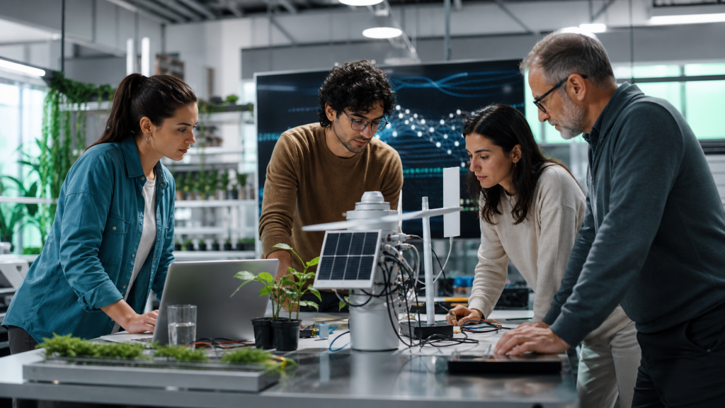 Equipo startup chileno probando un prototipo tecnológico en un espacio de innovación