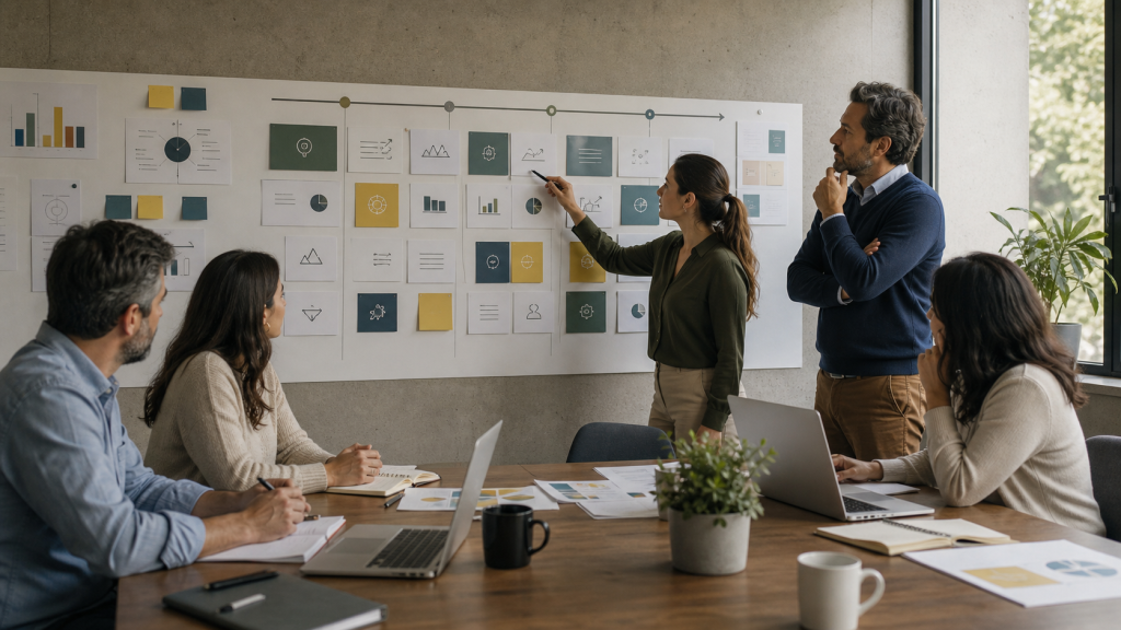Equipo directivo chileno construyendo un plan estratégico en una sala de reuniones