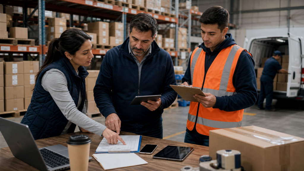 Supervisores coordinando inventario, despacho y procesos en una bodega de empresa chilena