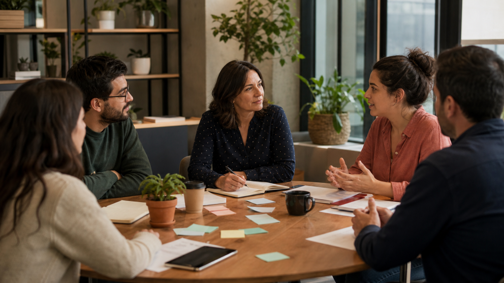 Líder de equipo facilitando una conversación abierta con trabajadores en una empresa chilena