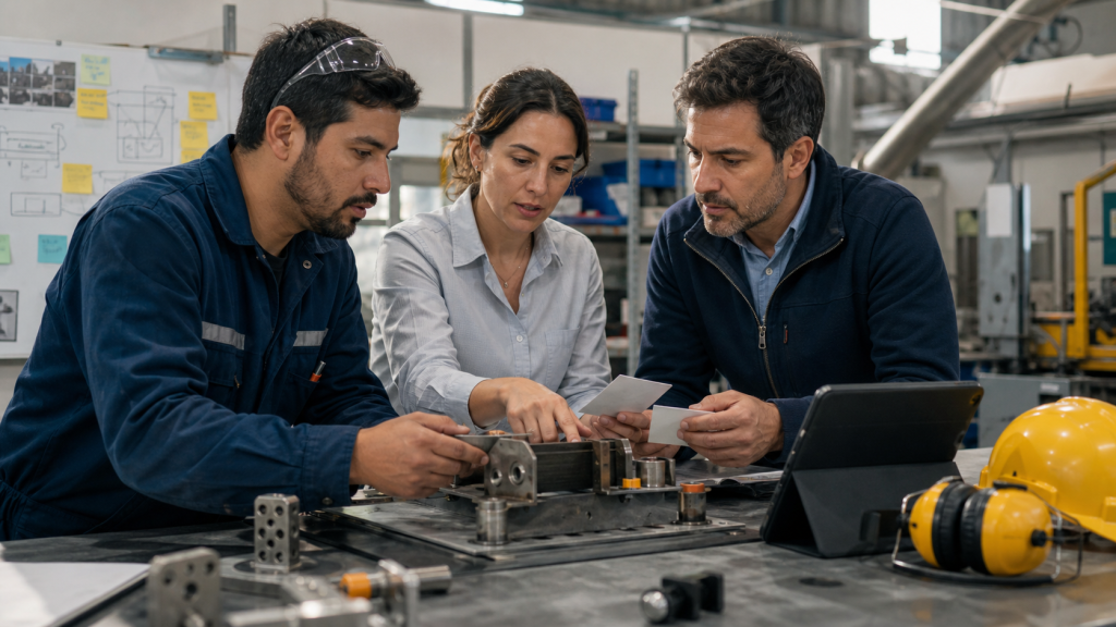 Equipo de empresa chilena probando un prototipo de mejora operativa en un taller