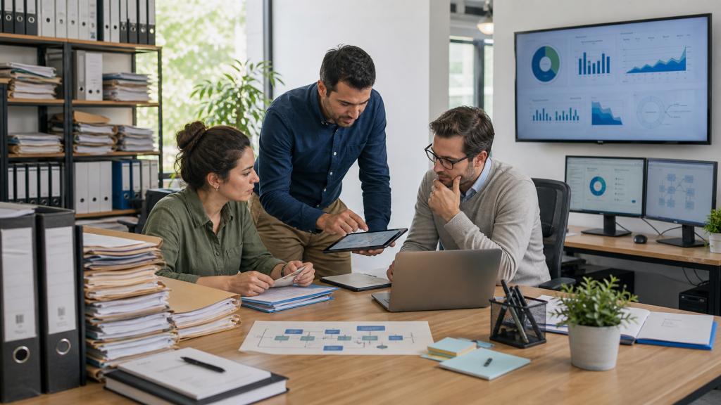Equipo migrando procesos de papel a software en una empresa chilena