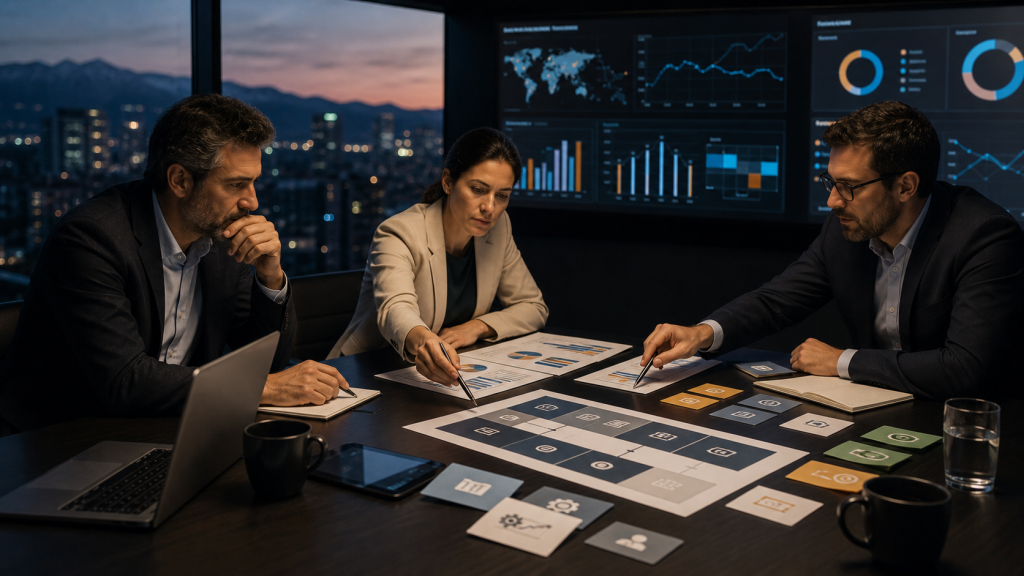Equipo ejecutivo revisando dashboards y evidencia antes de tomar una decisión empresarial