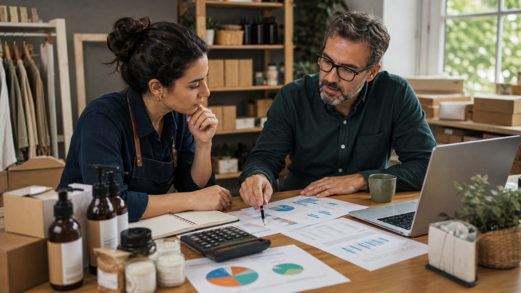 Emprendedor revisando finanzas básicas con una mentora en una oficina pequeña