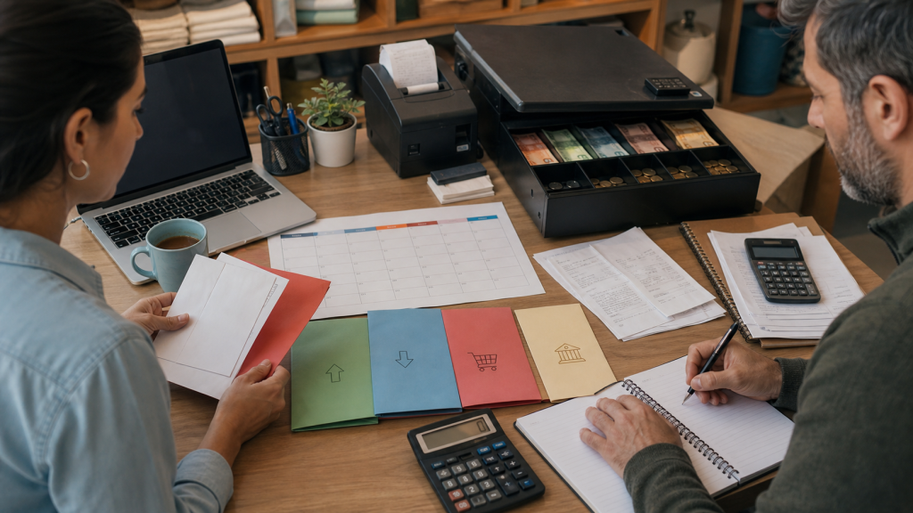 Dueño de pyme y contadora ordenando ingresos, gastos y obligaciones en un calendario