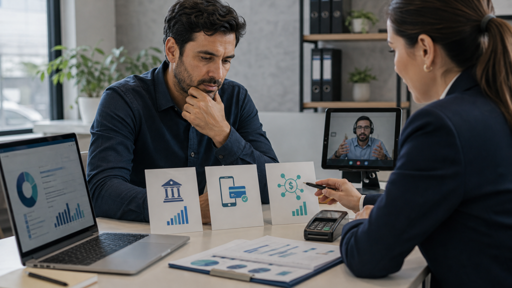 Empresario comparando crédito bancario, pagos digitales y opciones fintech