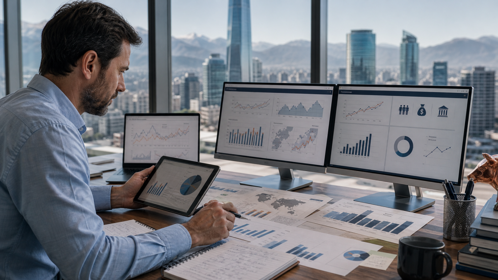 Analista económico revisando indicadores macroeconómicos y gráficos en Santiago