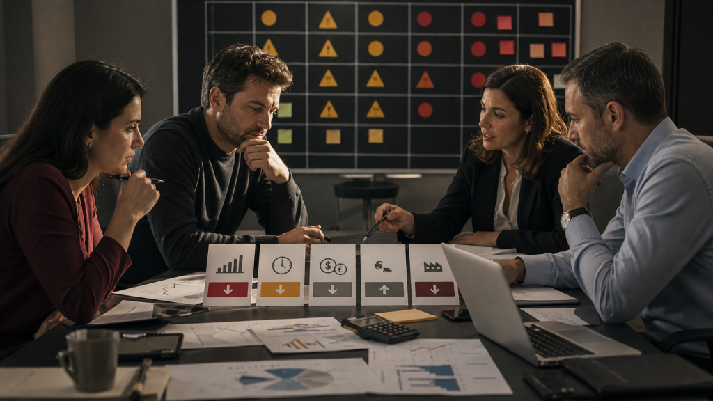 Equipo financiero revisando escenarios de riesgo en una sala de reuniones