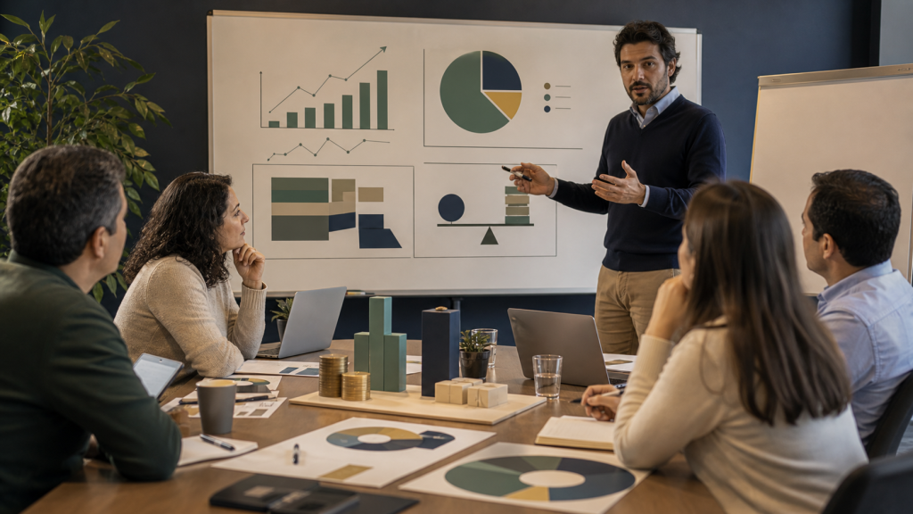 Instructor enseñando modelos financieros avanzados a emprendedores en una sala de capacitación