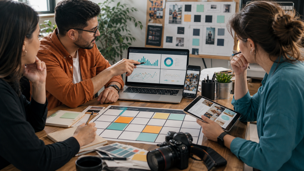 Equipo planificando contenido digital, anuncios y métricas en una oficina creativa