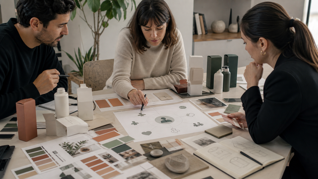 Equipo refinando identidad de marca y posicionamiento con empaques neutros y mapas de percepción
