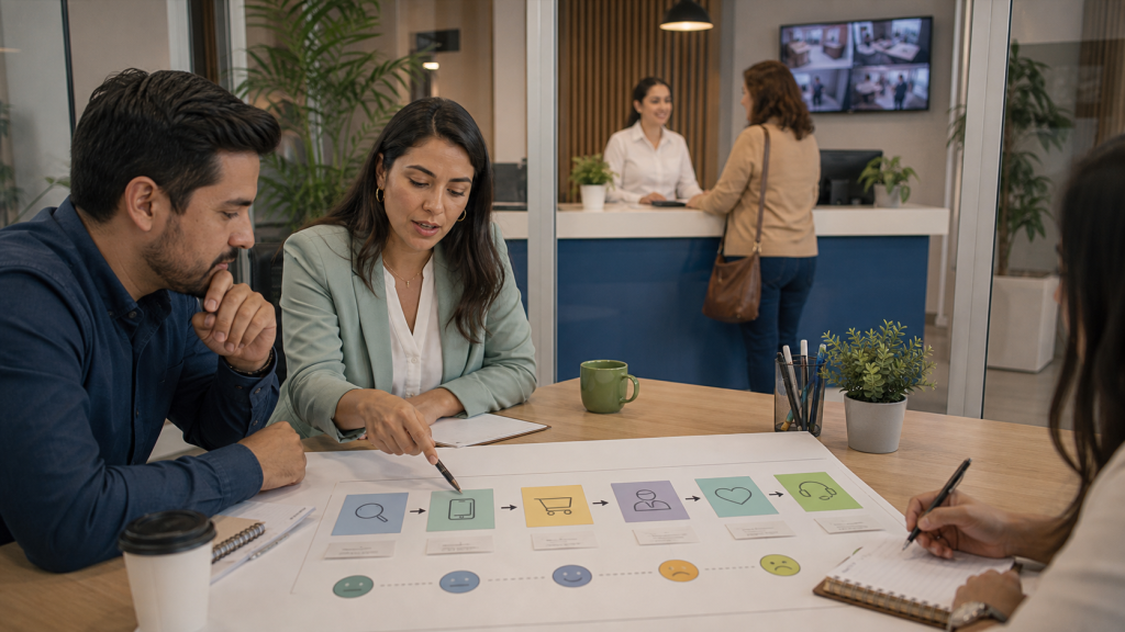 Equipo de servicio mapeando la experiencia de cliente mientras observa una atención real