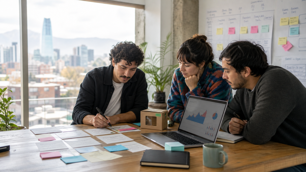 Equipo emprendedor chileno diseñando experimentos de crecimiento con métricas en una pizarra