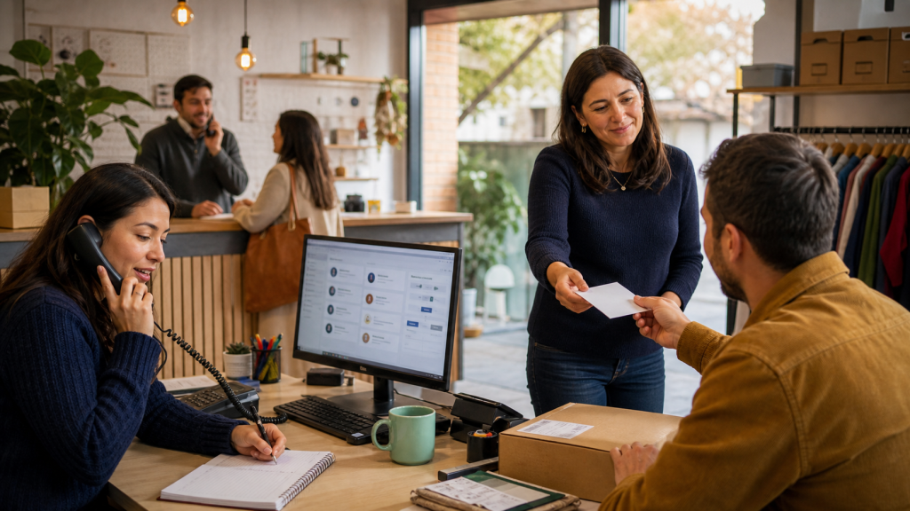Pequeña empresa chilena revisando un CRM y automatizaciones de atención en una oficina luminosa