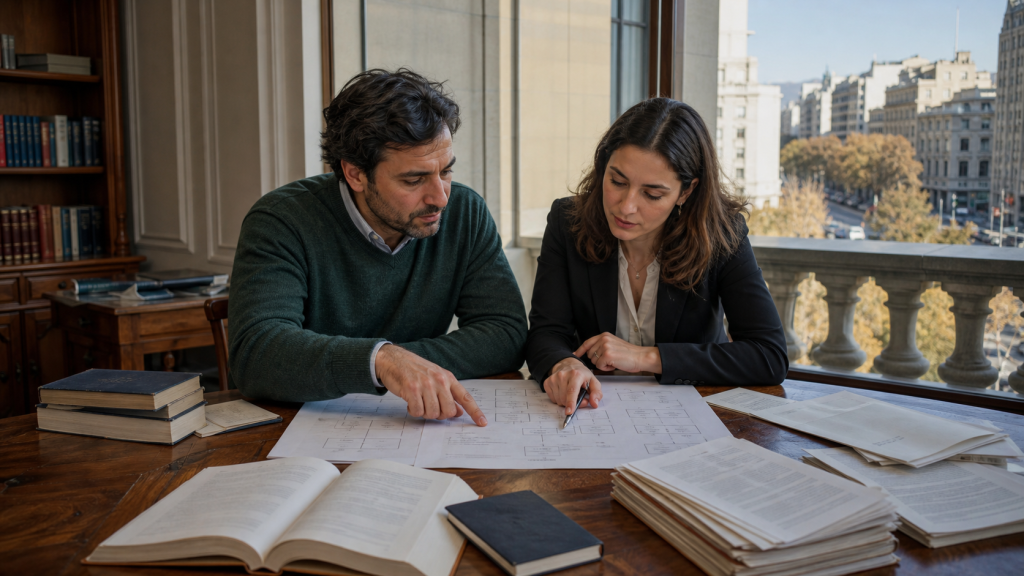 Emprendedora chilena revisando documentos legales y un mapa de trámites empresariales