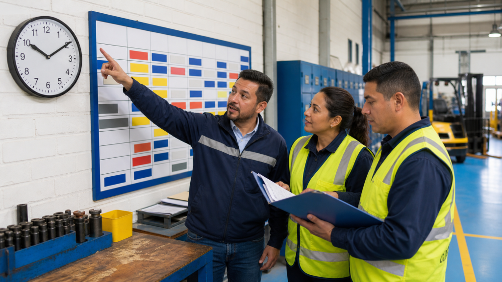 Equipo de trabajo chileno revisando horarios y documentos laborales con su encargada de personas