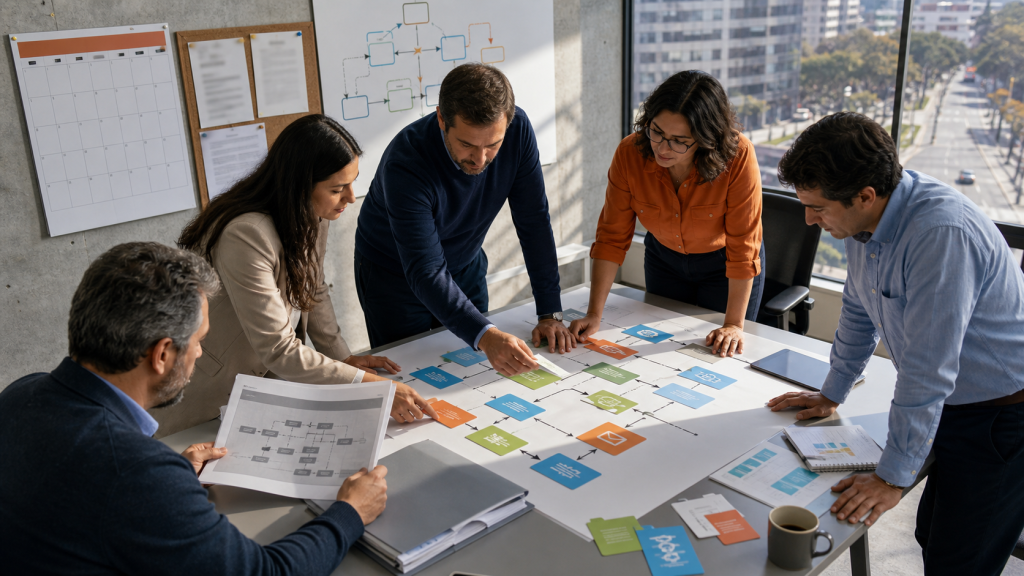 Equipo de gestión chileno analizando una nueva norma y actualizando procedimientos empresariales