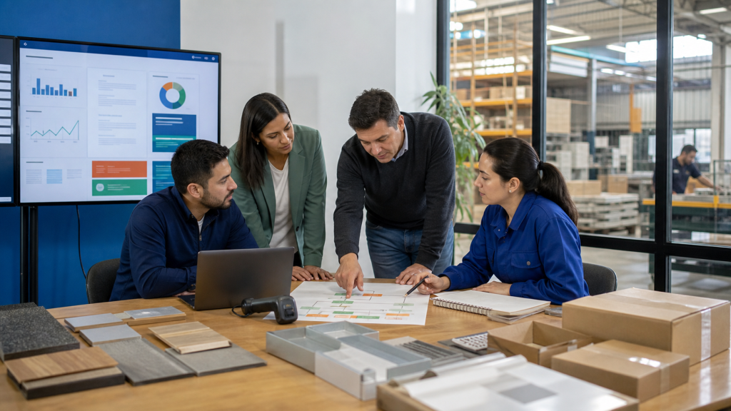 Equipo de una pyme chilena comparando herramientas de software empresarial en una mesa de trabajo