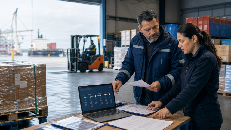 Equipo importador chileno coordinando cajas, transporte y documentos en una operación logística