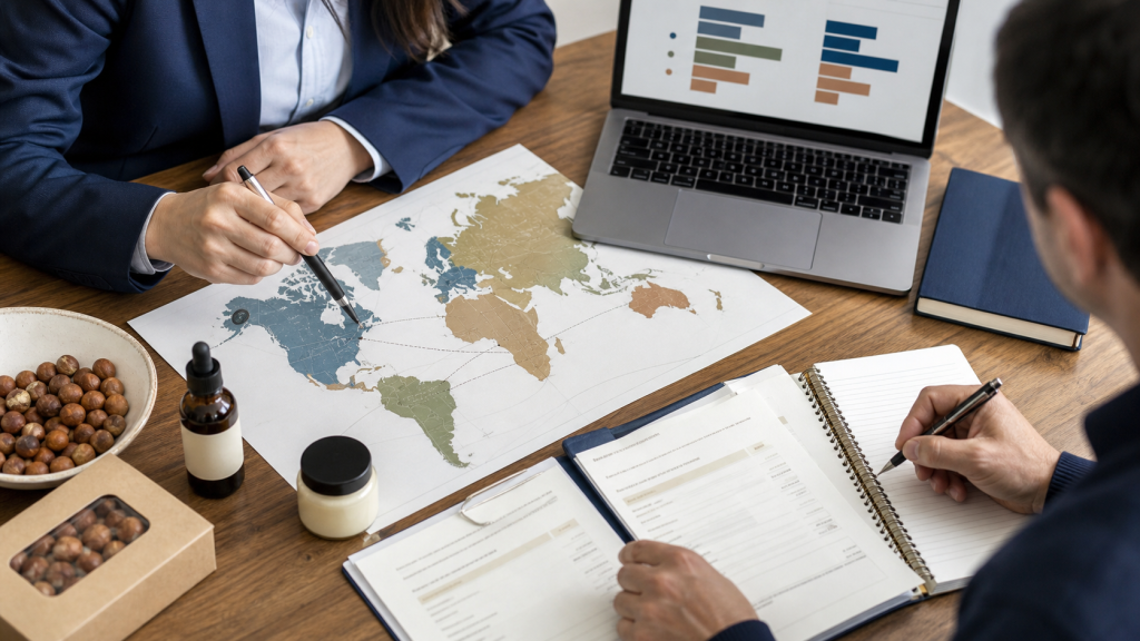 Empresarios chilenos estudiando un mapa de mercados y reglas de origen para comercio internacional